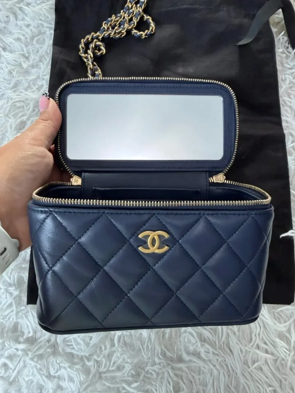 CHANEL Lambskin Quilted Metal Small Top Handle Vanity Case With Chain in Navy Bl